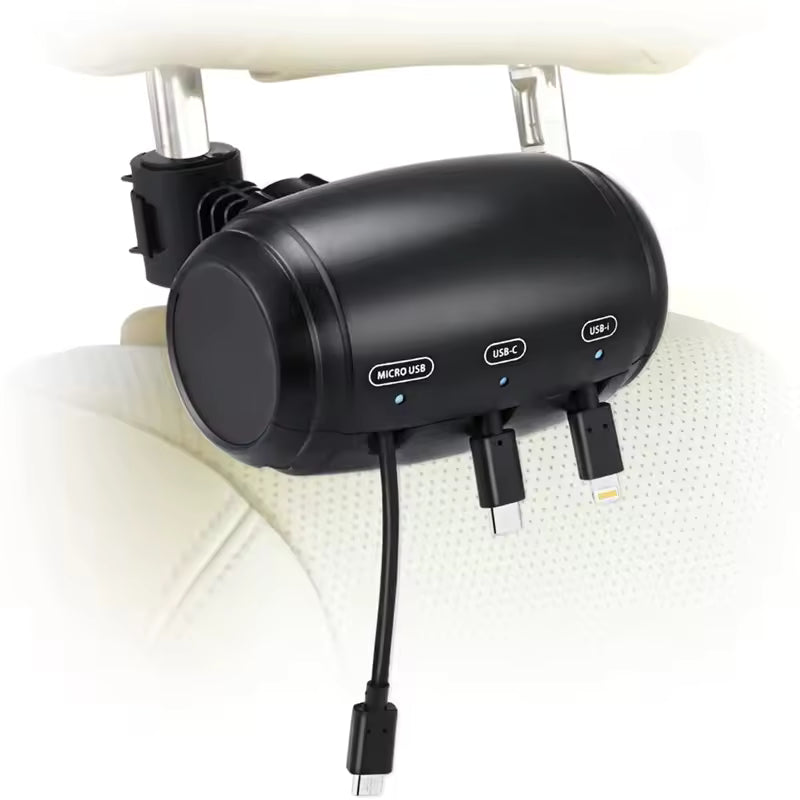 Black Car Headrest Charger Station 3-in-1 Retractable USB attached to a car seat with various ports visible.