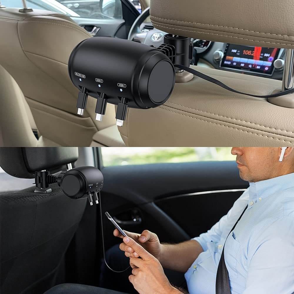Car Headrest Charger Station 3-in-1 Retractable USB attached to a car's headrest, with a person using a phone in the rear passenger's seat.