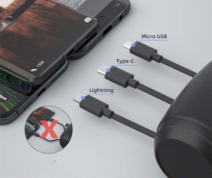Car Headrest Charger Station 3-in-1 Retractable USB on a light grey background.