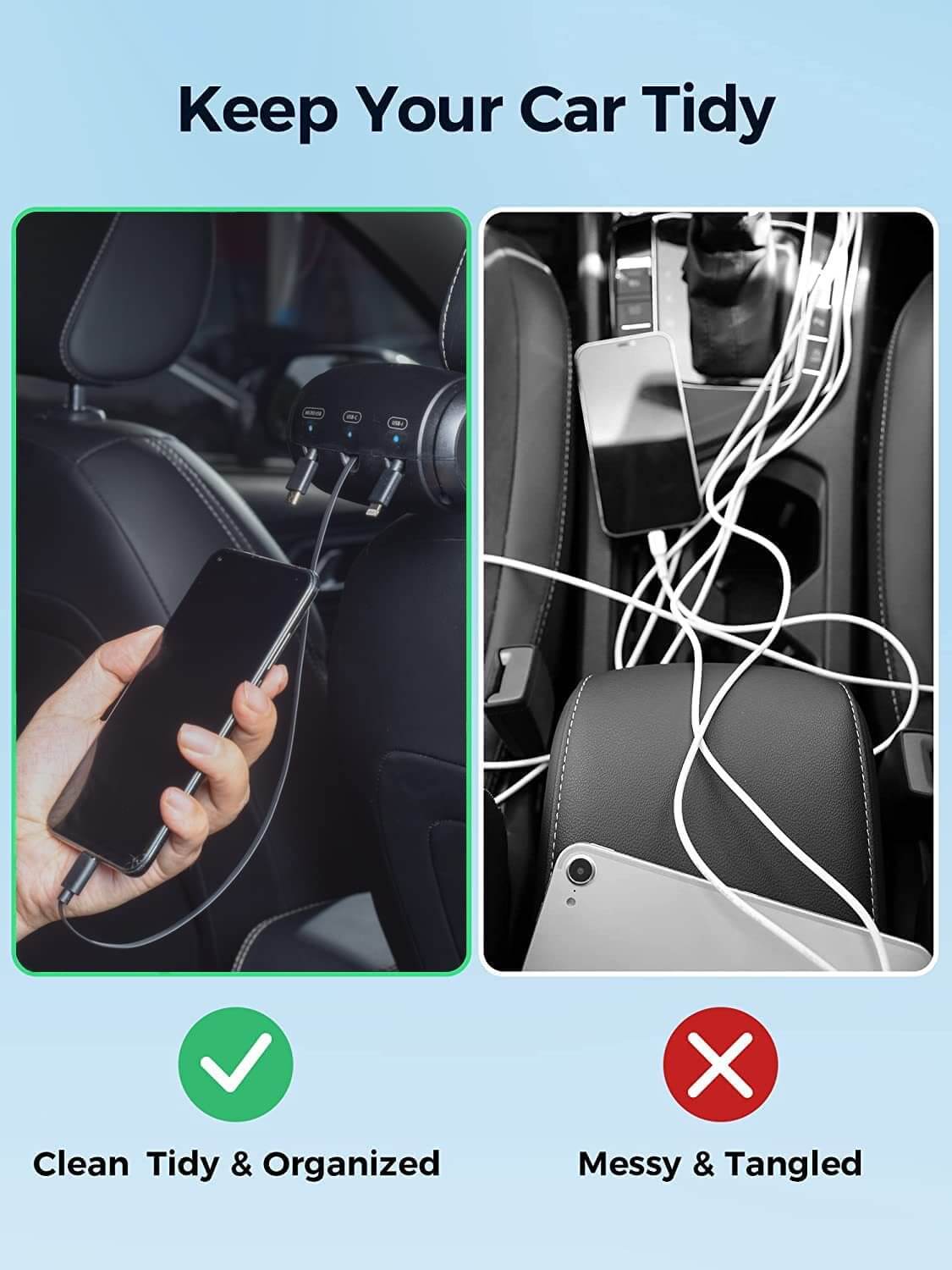 Car Headrest Charger Station 3-in-1 Retractable USB avoid  tangled cables.