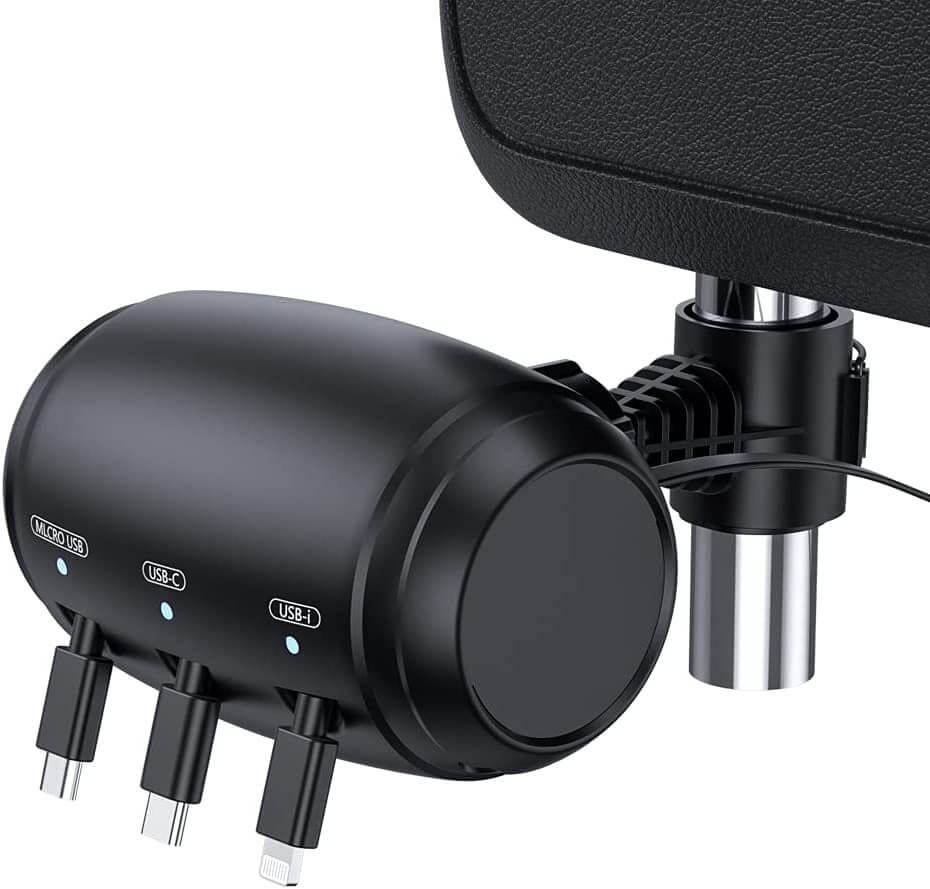 Car Headrest Charger Station 3-in-1 Retractable USB